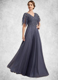 Leah A-line V-Neck Floor-Length Chiffon Lace Mother of the Bride Dress With Beading Sequins STK126P0014571