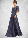 Leah A-line V-Neck Floor-Length Chiffon Lace Mother of the Bride Dress With Beading Sequins STK126P0014571
