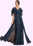 Lily Sheath/Column V-neck Floor-Length Chiffon Lace Mother of the Bride Dress With Ruffle Sequins STK126P0014573