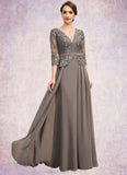 Hope A-Line V-neck Floor-Length Chiffon Lace Mother of the Bride Dress With Sequins STK126P0014574