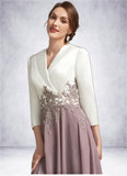 Chaya A-Line V-neck Tea-Length Chiffon Lace Mother of the Bride Dress STK126P0014575