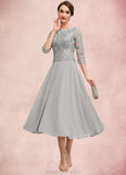 Cora A-Line Scoop Neck Tea-Length Chiffon Lace Mother of the Bride Dress With Sequins STK126P0014580