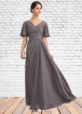 Iris A-Line V-neck Floor-Length Chiffon Mother of the Bride Dress With Ruffle STK126P0014581