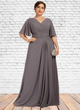 Iris A-Line V-neck Floor-Length Chiffon Mother of the Bride Dress With Ruffle STK126P0014581