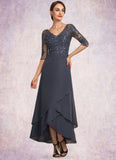 Judy A-line V-Neck Asymmetrical Chiffon Lace Mother of the Bride Dress With Beading Sequins STK126P0014584