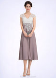 Avery A-Line V-neck Tea-Length Chiffon Lace Mother of the Bride Dress STK126P0014588