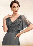 Ainsley A-line V-Neck Floor-Length Chiffon Lace Mother of the Bride Dress With Beading Sequins STK126P0014589