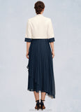 Shiloh A-Line Square Neckline Tea-Length Chiffon Mother of the Bride Dress With Beading Sequins Pleated STK126P0014594