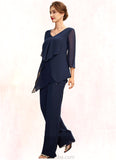 Riley Jumpsuit/Pantsuit V-neck Floor-Length Chiffon Mother of the Bride Dress With Cascading Ruffles STK126P0015019