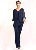 Riley Jumpsuit/Pantsuit V-neck Floor-Length Chiffon Mother of the Bride Dress With Cascading Ruffles STK126P0015019