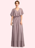 Addison A-Line V-neck Floor-Length Chiffon Mother of the Bride Dress With Ruffle STK126P0015026