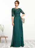 Brianna A-Line Scoop Neck Floor-Length Chiffon Lace Mother of the Bride Dress With Beading Sequins Cascading Ruffles STK126P0015027