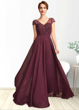 Abril A-Line V-neck Floor-Length Chiffon Mother of the Bride Dress With Beading Sequins STK126P0015028