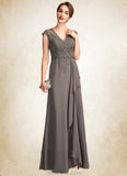 Shania A-Line V-neck Floor-Length Chiffon Lace Mother of the Bride Dress With Beading Sequins Cascading Ruffles STK126P0015030