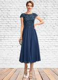 Milagros A-Line Scoop Neck Tea-Length Chiffon Lace Mother of the Bride Dress STK126P0015032