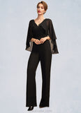 Anaya Jumpsuit/Pantsuit V-neck Floor-Length Chiffon Mother of the Bride Dress With Ruffle Beading Appliques Lace Sequins STK126P0015033