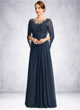 Aubrie A-line Scoop Illusion Floor-Length Chiffon Lace Mother of the Bride Dress With Pleated Sequins STKP0021625
