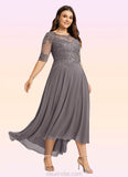 Emilia A-line Boat Neck Illusion Asymmetrical Chiffon Lace Mother of the Bride Dress With Beading Sequins STKP0021629