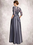 Charlie A-line Scoop Illusion Floor-Length Lace Satin Mother of the Bride Dress With Bow Sequins STKP0021633