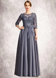 Charlie A-line Scoop Illusion Floor-Length Lace Satin Mother of the Bride Dress With Bow Sequins STKP0021633