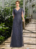 Melina A-line V-Neck Floor-Length Lace Tulle Mother of the Bride Dress With Sequins STKP0021635