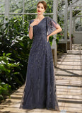 Melina A-line V-Neck Floor-Length Lace Tulle Mother of the Bride Dress With Sequins STKP0021635