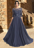 Audrey A-line Scoop Illusion Floor-Length Chiffon Lace Mother of the Bride Dress With Pleated Sequins STKP0021639