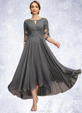 Nancy A-line Scoop Asymmetrical Chiffon Lace Mother of the Bride Dress With Pleated Sequins STKP0021812
