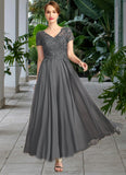Naomi A-line V-Neck Illusion Ankle-Length Chiffon Lace Mother of the Bride Dress With Sequins STKP0021830