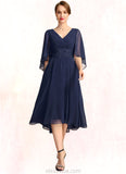 Penelope A-line V-Neck Asymmetrical Chiffon Mother of the Bride Dress With Pleated Appliques Lace STKP0021845