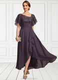 Leah A-line Asymmetrical Asymmetrical Chiffon Lace Mother of the Bride Dress With Cascading Ruffles Sequins STKP0021846