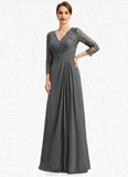 Barbara A-line V-Neck Floor-Length Chiffon Lace Mother of the Bride Dress With Pleated STKP0021850