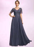 Lilyana A-line V-Neck Illusion Floor-Length Chiffon Lace Mother of the Bride Dress With Sequins STKP0021867