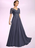 Lilyana A-line V-Neck Illusion Floor-Length Chiffon Lace Mother of the Bride Dress With Sequins STKP0021867