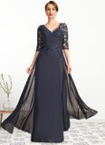 Anne A-line V-Neck Floor-Length Chiffon Lace Mother of the Bride Dress With Pleated Sequins STKP0021880