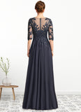 Anne A-line V-Neck Floor-Length Chiffon Lace Mother of the Bride Dress With Pleated Sequins STKP0021880