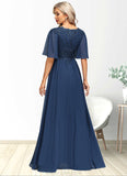 Anya A-line V-Neck Floor-Length Chiffon Lace Mother of the Bride Dress With Sequins STKP0021888