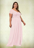 Olive A-Line V-Neck Lace Chiffon Floor-Length Dress STKP0022629