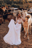 Lace Two Pieces Long Sleeves Ivory Boho Wedding Dress Chiffon Beach Wedding Gowns STK14978