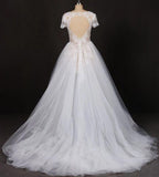 A-line Short Sleeves Beads V Neck Lace Applique Wedding Dresses, Bridal Dress STK15051