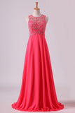 2024 Water Melon Prom Dresses Scoop A Line Beaded Bodice Open Back Chiffon & PXCLZ7BH