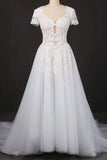 A-line Short Sleeves Beads V Neck Lace Applique Wedding Dresses, Bridal Dress STK15051