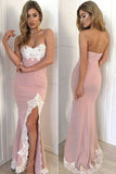 Pink Sheath Floor Length Sweetheart Sleeveless Mid Back Side Slit Prom Dresses