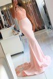 Pink Sheath Court Train Halter Sleeveless Mid Back Appliques Beading Prom Dresses