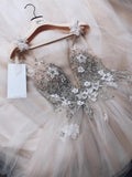 A Line Spaghetti Straps Tulle Beads V Neck Prom Dresses, Hand Made Flowers Wedding Dress STK15031
