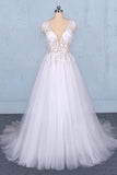 A Line Straps V Neck Lace Appliques Tulle Wedding Dresses Long Wedding Gowns STK15034