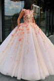 Princess Ball Gown Pink Tulle Prom Dresses with Handmade Flowers, Quinceanera STK20430
