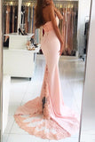 Pink Sheath Court Train Halter Sleeveless Mid Back Appliques Beading Prom Dresses