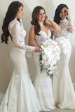 Long Sleeve Mermaid High Neck Ivory Bridesmaid Dress with Lace,Wedding Party STK20486