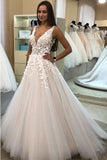A Line V-neck Long Tulle Wedding Dress with Appliques, Cheap Bridal Dresses STK15045